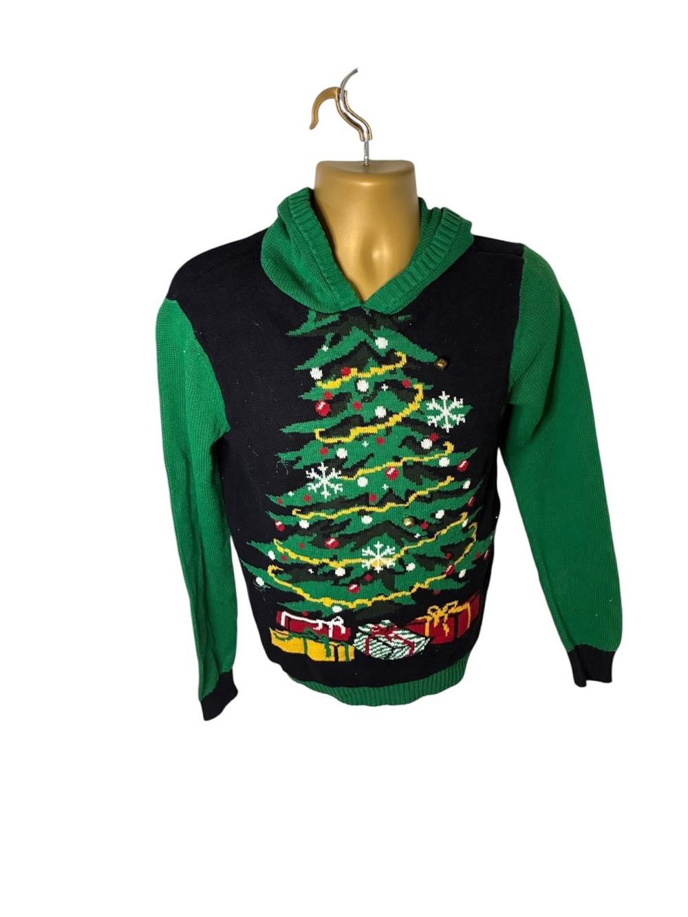Ugly Christmas Sweater Hooded Sweater Christmas Tree Black Green S
